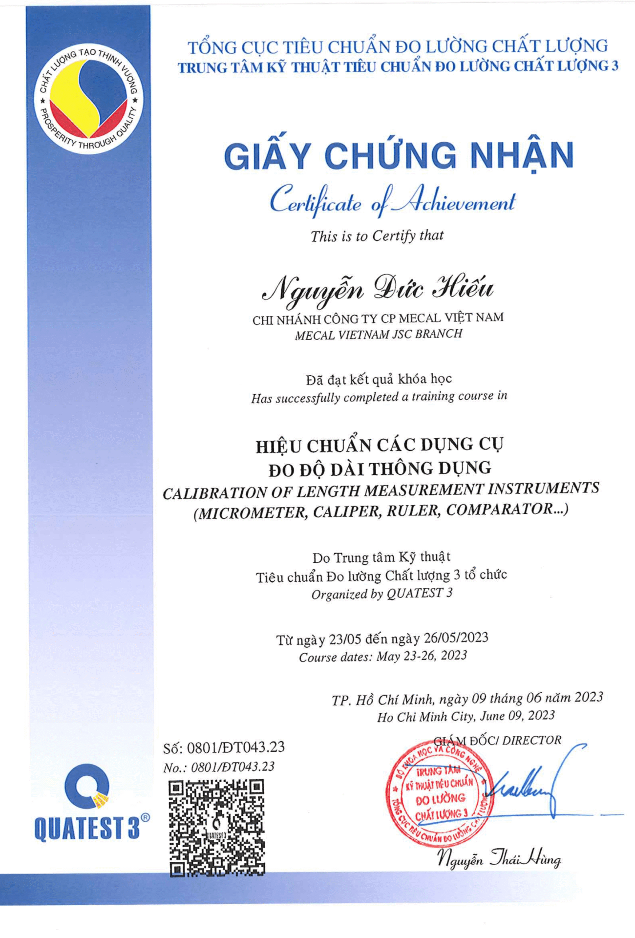 Giấy chứng nhận hiệu chuẩn